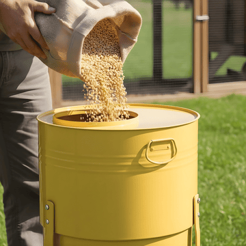 Person pouring chicken food from a cloth into a yellow chicken feeder outdoors.