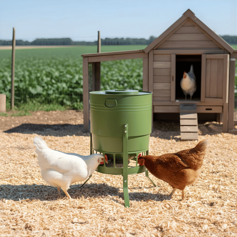 Green poultry feeder with chickens eating on a farm