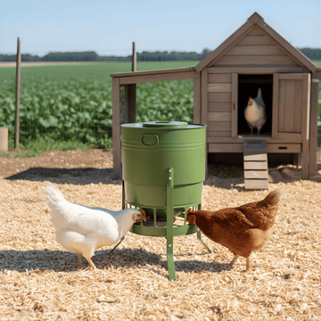 Hens around a green chicken feeder with a wooden coop in the background.
