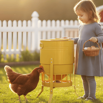 Child with a basket of eggs standing next to a yellow chicken feeder with a chicken in a backyard.