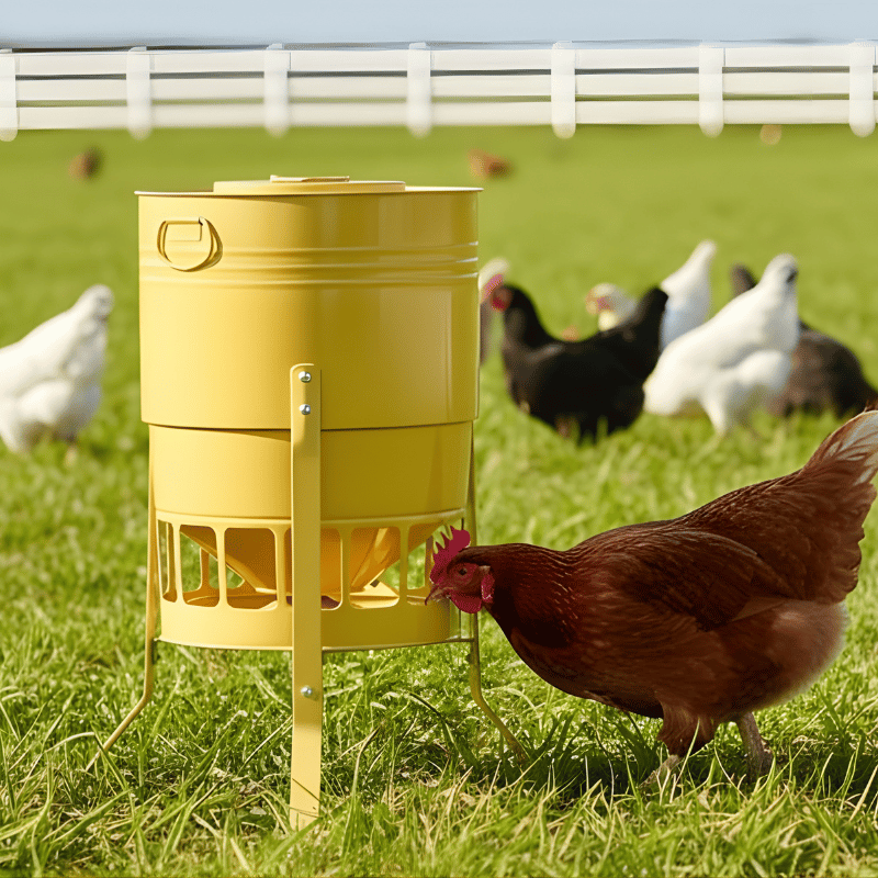 Yellow chicken feeder with chickens in a grassy field