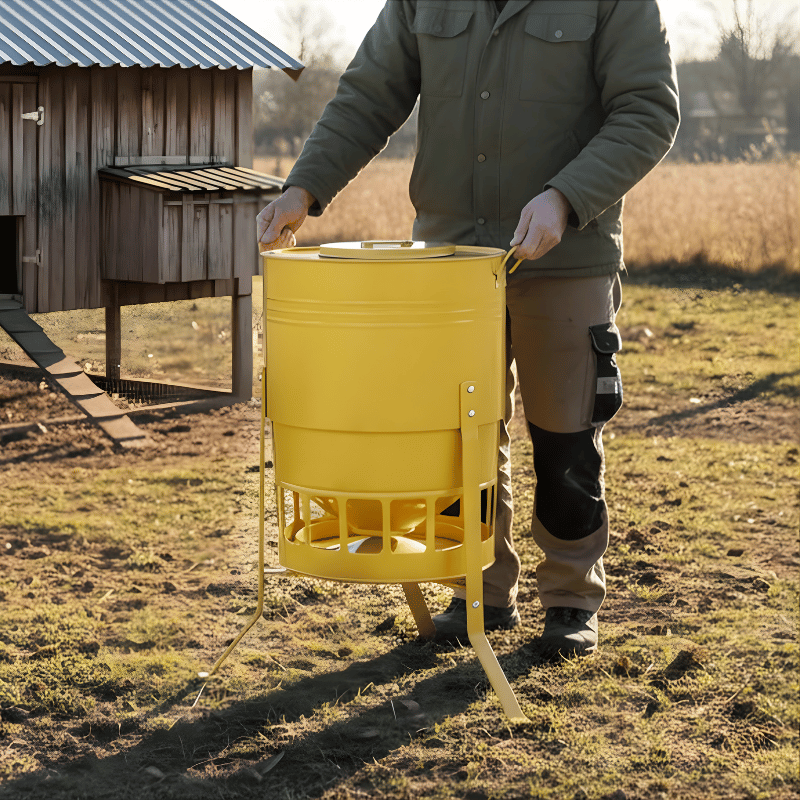 Person holding a yellow metal chicken feeder in an outdoor setting with a barn in the background.
