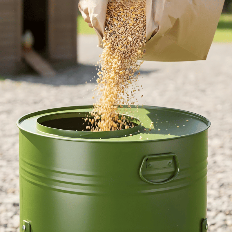 Green chicken feeder with chicken food being poured into it outdoors.