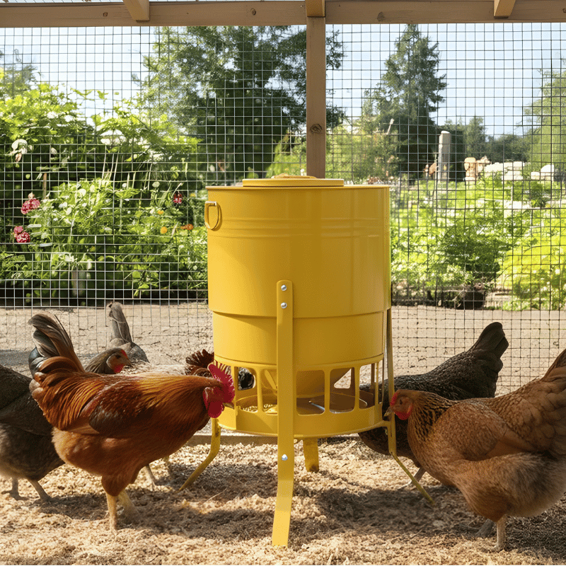 Yellow chicken feeder with chickens around it in a fenced area with greenery.