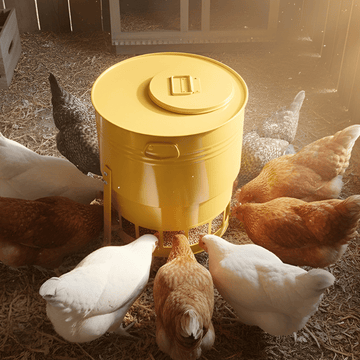 Yellow chicken feeder with chickens around it in a barn setting
