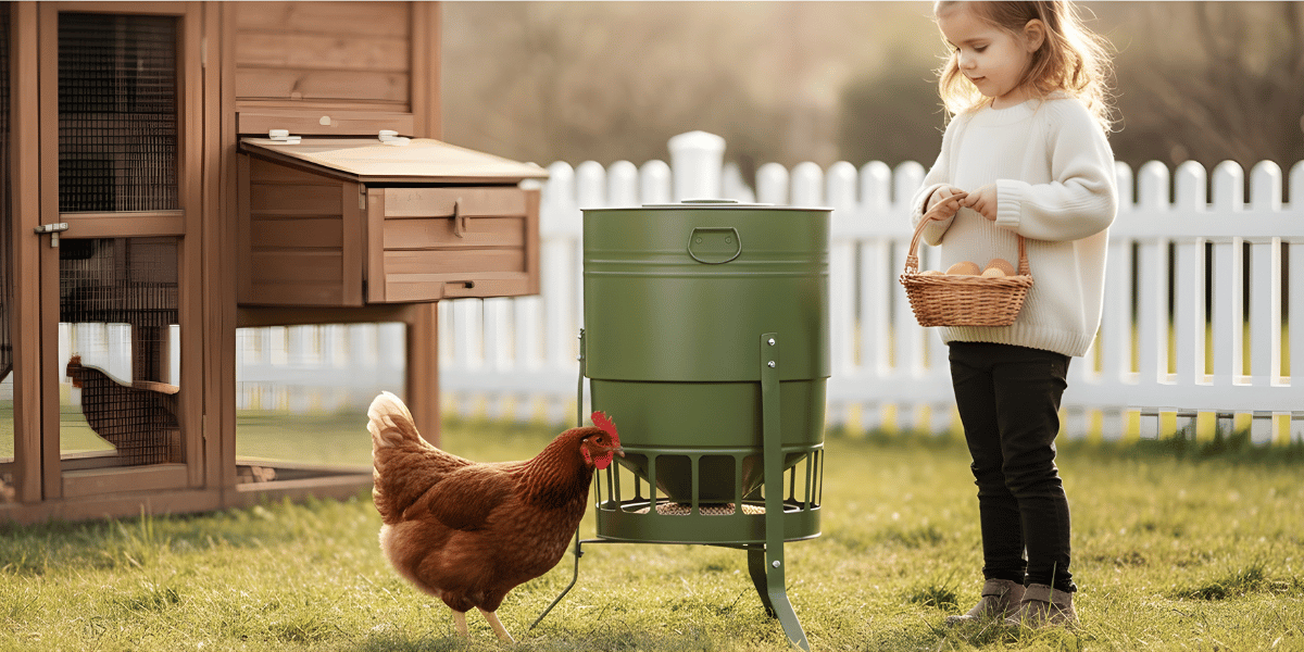 Child feeding a chicken at a green feeder with a wooden chicken coop in the background.