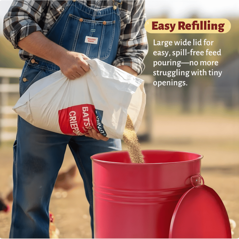 Person pouring feed from a large bag into a red chicken feeder with text about easy refilling.