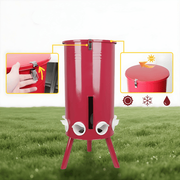 Red chicken feeder with legs on grass, showing features and usage instructions.