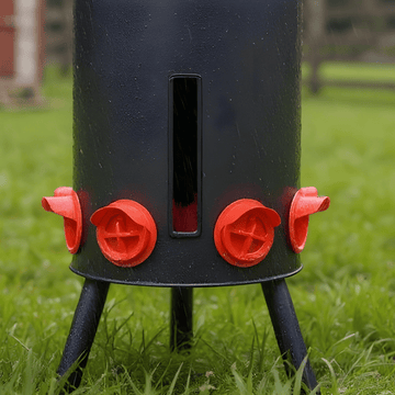 Black chicken feeder with red perches on a grassy background
