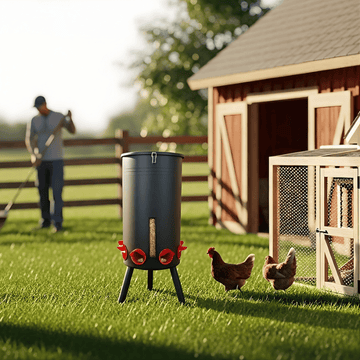 Black chicken feeder with red accents on a grassy area near a wooden coop and person with a broom.
