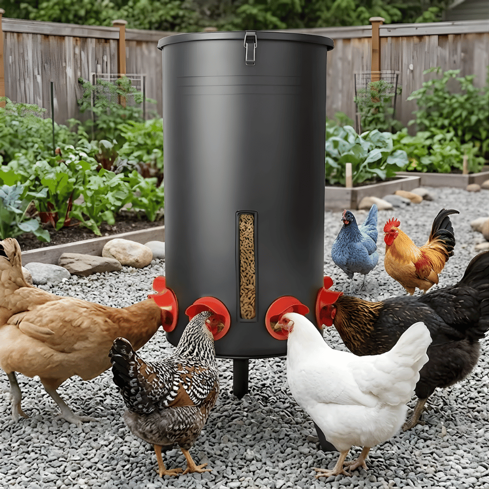 Black chicken feeder with red compartments and chickens around it.
