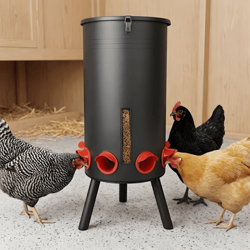 Black chicken feeder with red compartments and chickens around it.
