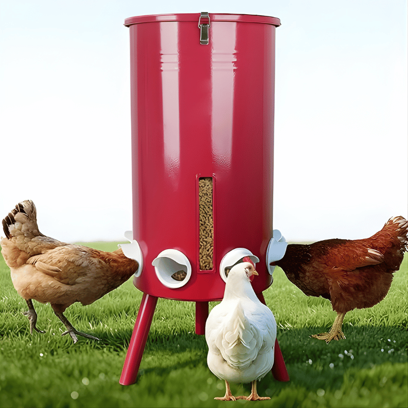 Red chicken feeder with chickens around on a grassy background