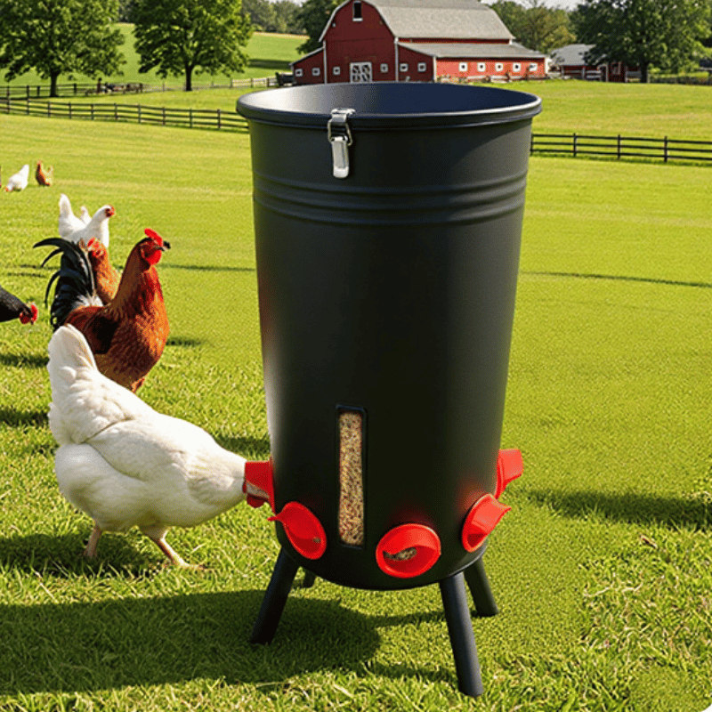 Black poultry feeder with red legs on a grassy field with chickens in the background.