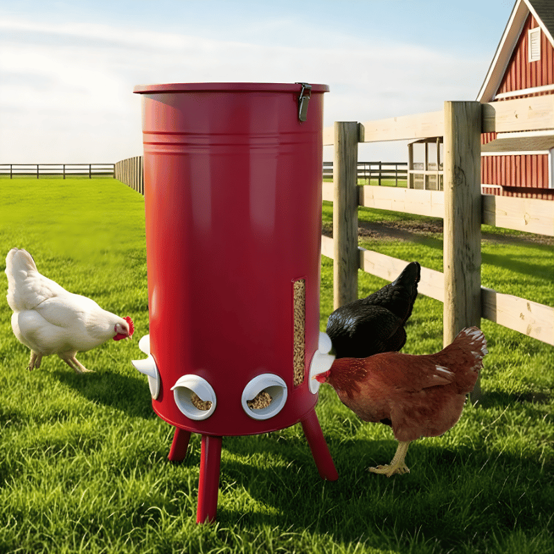 Red chicken feeder with chickens around it on a farm