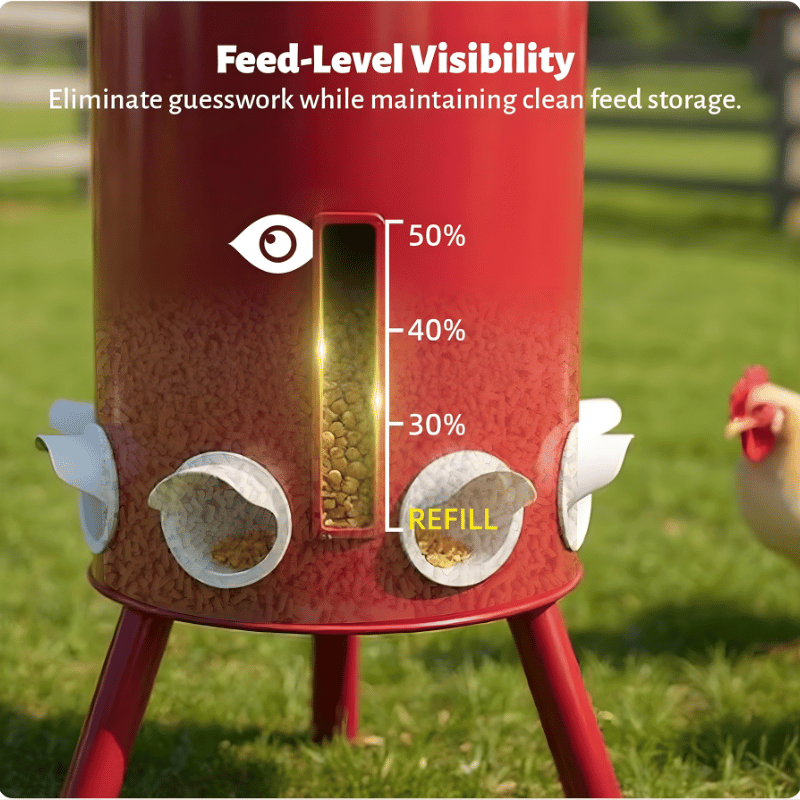 Red chicken feeder with feed-level visibility feature on a grassy background