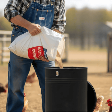 Person holding a bag of chicken feed near a black container on a farm.