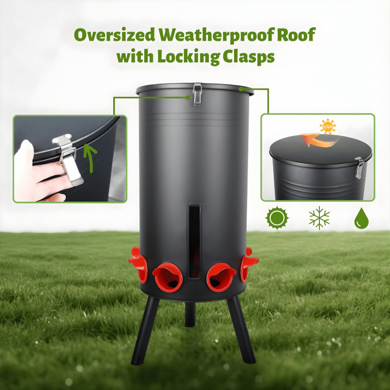 Black chicken feeder with red perches on a grassy background.