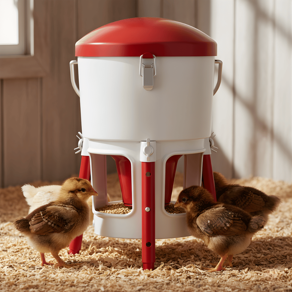Red and white poultry feeder with chicks around it on a wooden floor.