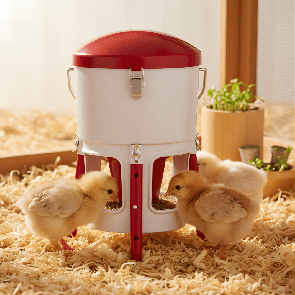 Red and white poultry feeder with chicks around it on a wooden floor.