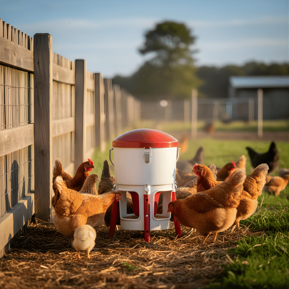 Chickens gathered around a red and white feeder in a fenced outdoor area.