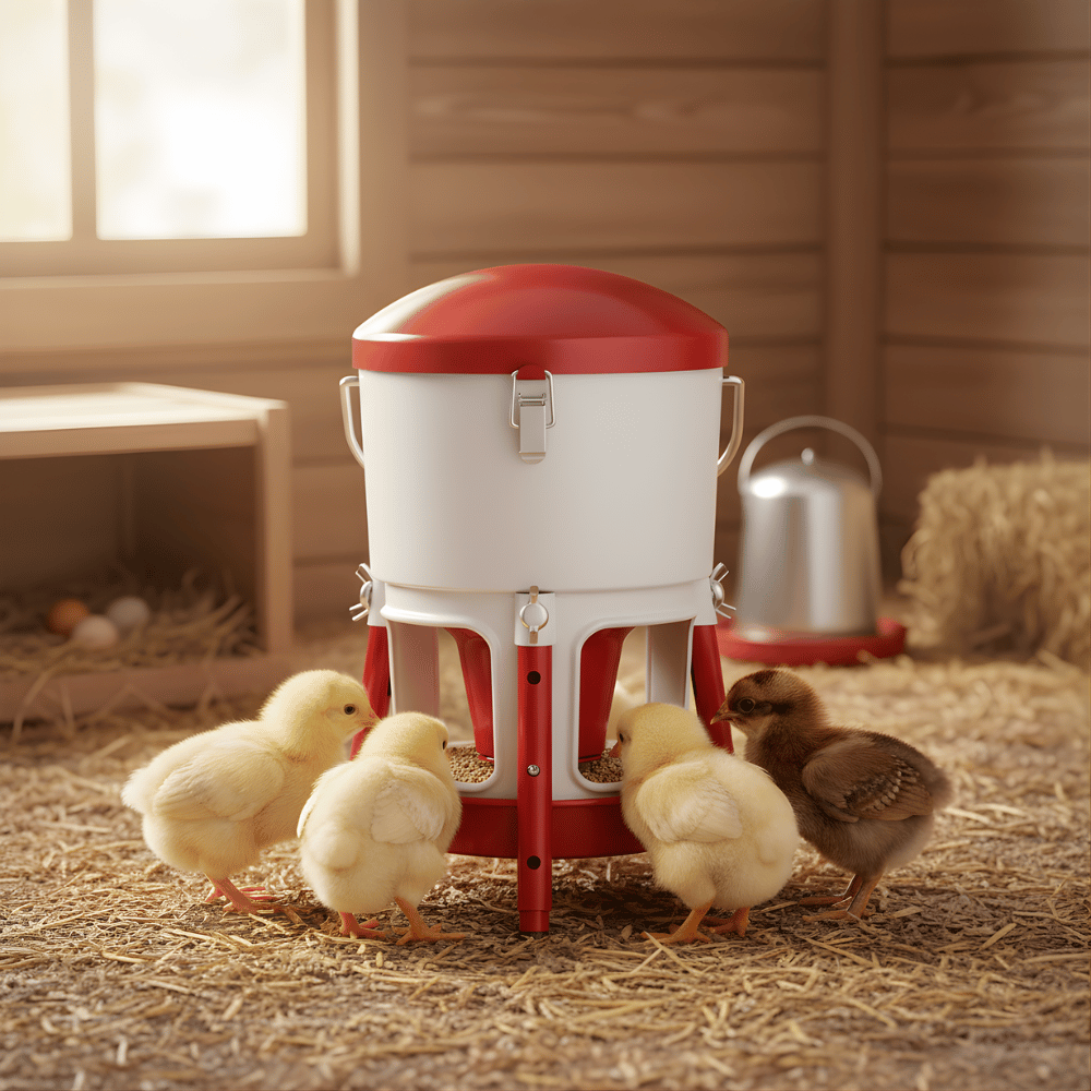 Red and white poultry feeder with chicks around it in a barn setting