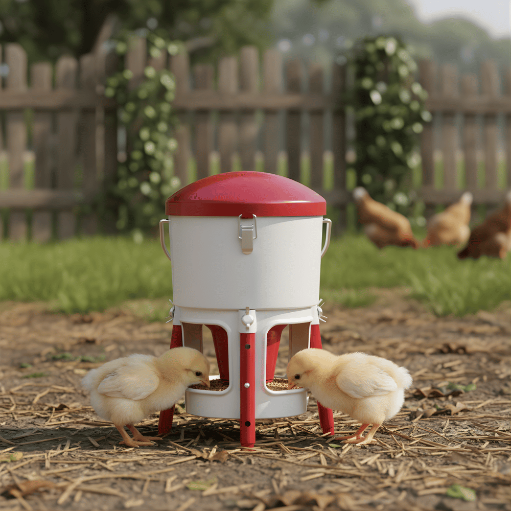 Red and white chicken feeder with chicks around it in a farm setting.