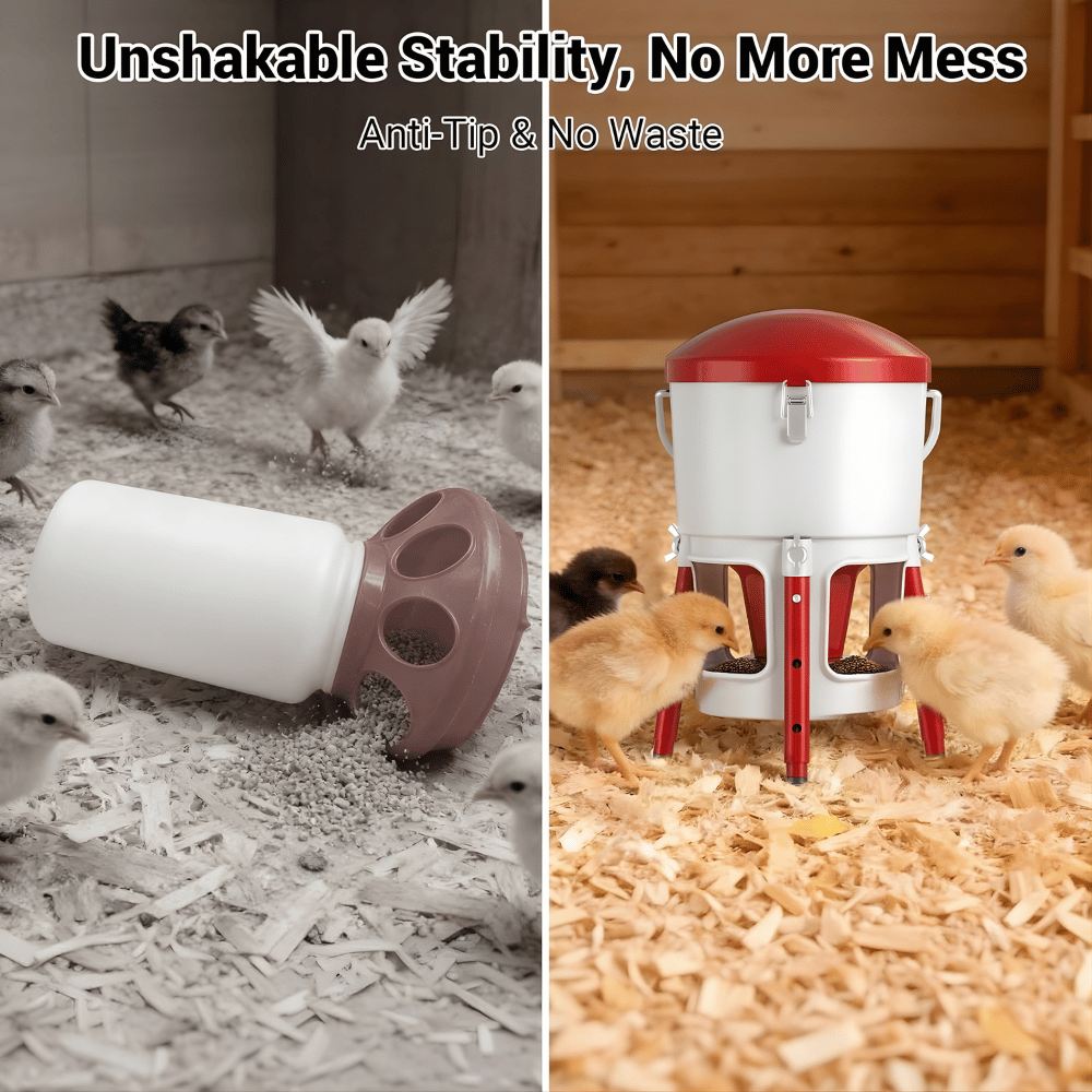 Two images showing a chicken feeder with chickens around it, emphasizing stability and mess reduction.
