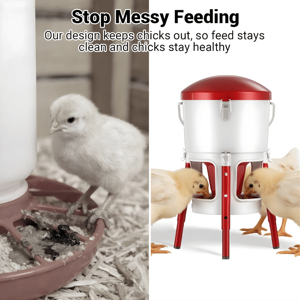 Red and white chick feeder with text 'Stop Messy Feeding' and images of chicks around it.