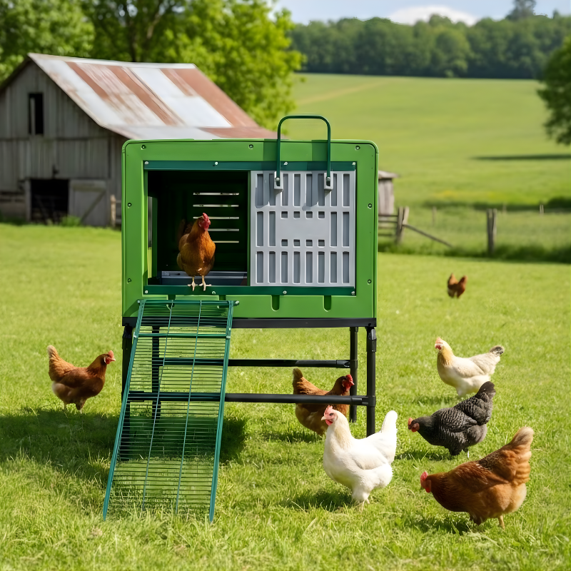 Green poultry coop with chickens in a grassy field near a barn.
