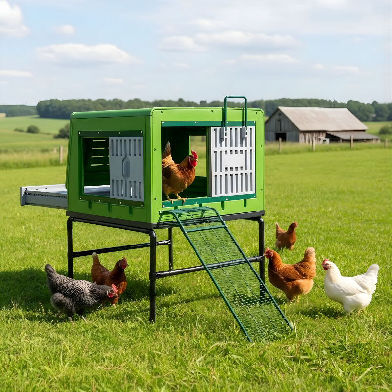 Green chicken coop with chickens in a grassy field
