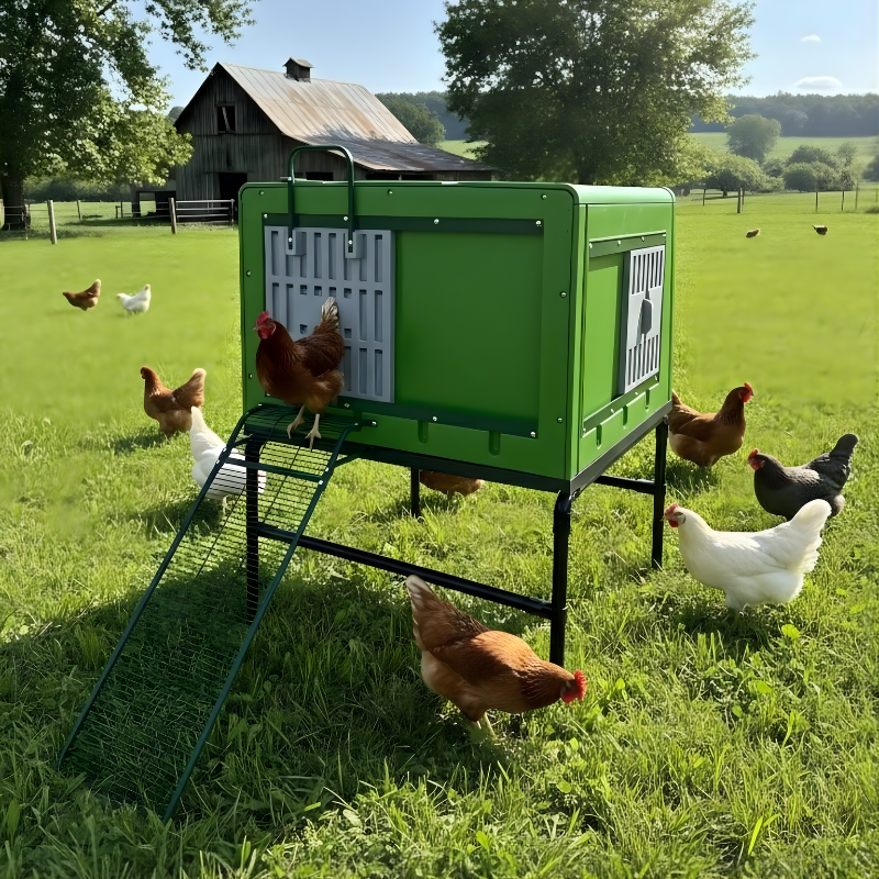 Green plastic chicken coop with chickens around on a grassy field