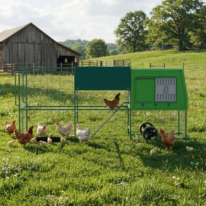 Green chicken coop with chickens in a grassy field near a barn