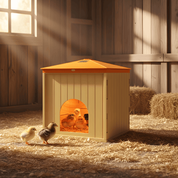 Smart chick heater with chicks in a barn setting