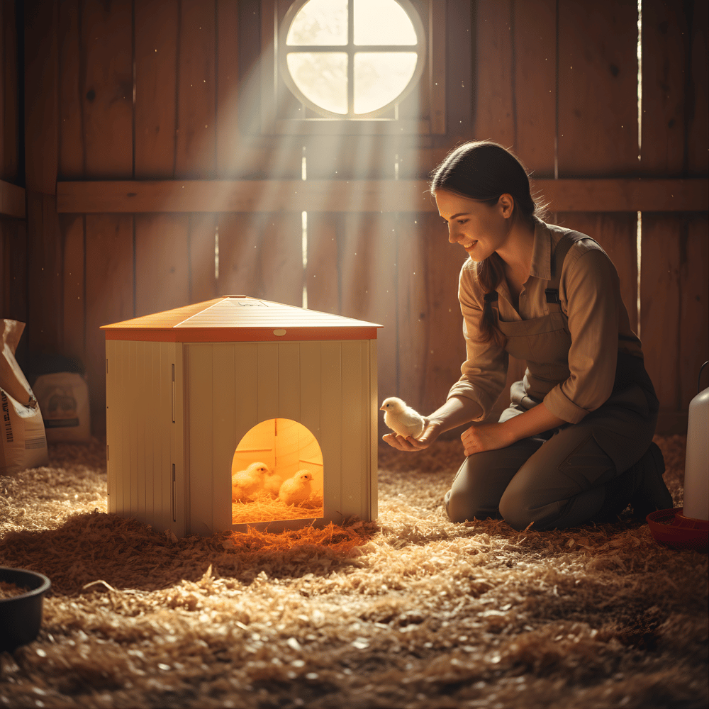 Woman interacting with a small chick inside a smart chick heater on a farm.