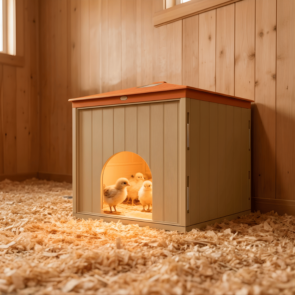 Smart chick heater with chicks inside on a wooden floor.