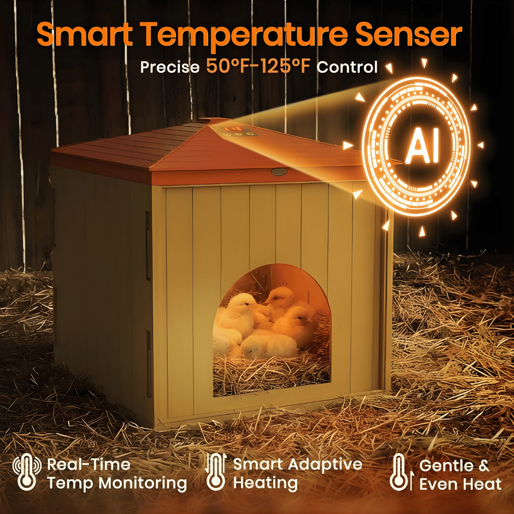 Smart temperature sensor for incubator with chicks inside, glowing AI logo, and text about features.