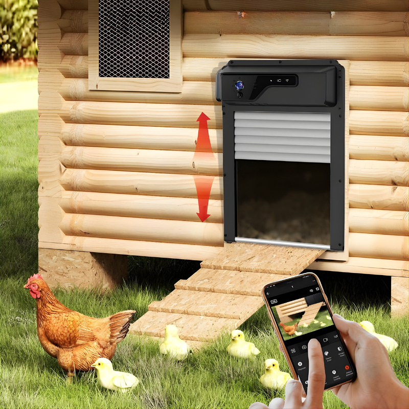 Smart chicken coop door with smartphone app control, chicken and chicks outside.