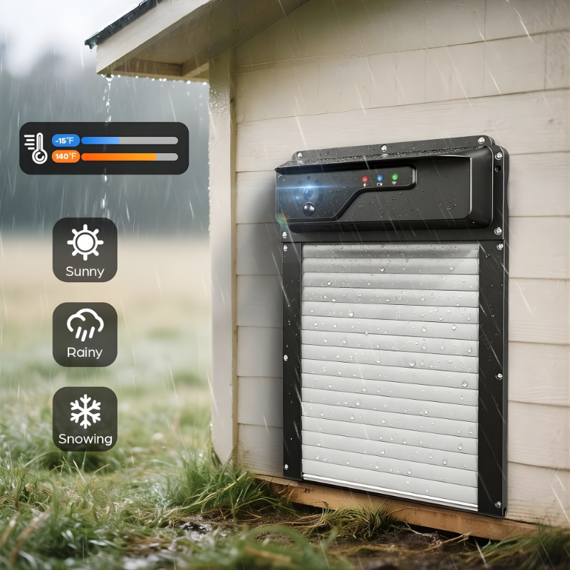 Outdoor automatic coop door on a chicken coop exterior with weather icons indicating temperature, sun, rain, and snow.