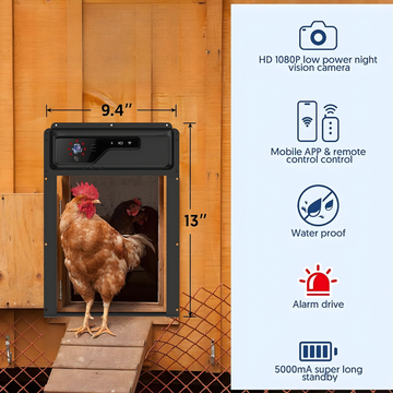 Chicken coop door with chicken exiting, featuring camera, app control, waterproof, alarm, and long standby time features.