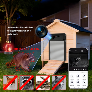 Raccoon deterrent coop door with camera, alarm, and smartphone app interface in front of a wooden house.
