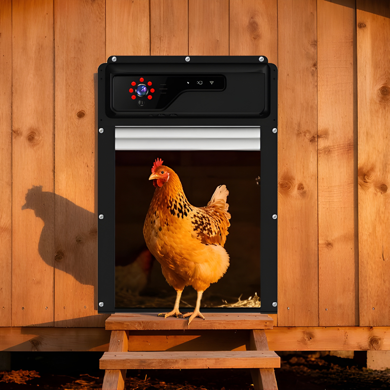 Chicken coop door with a chicken on a wooden platform against a wooden wall.