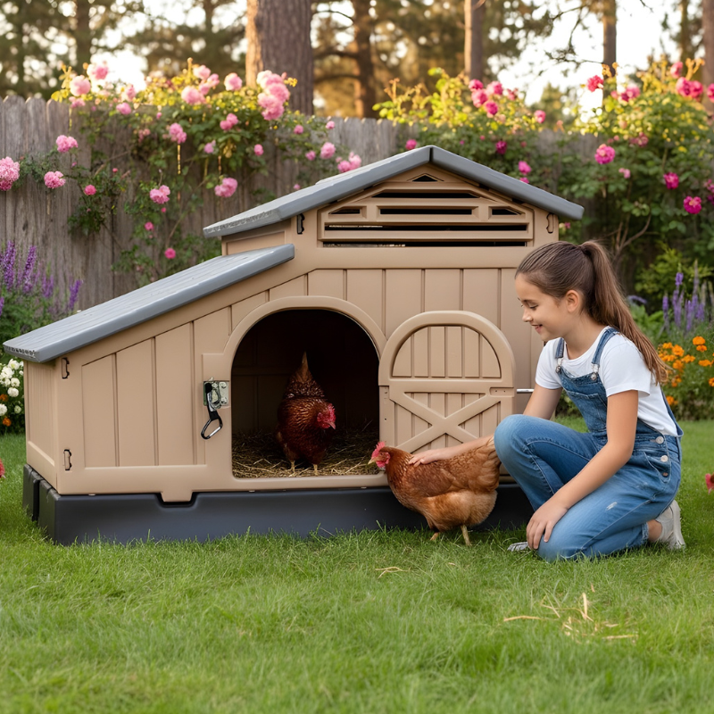 Person interacting with chickens near a large chicken coop in a garden setting