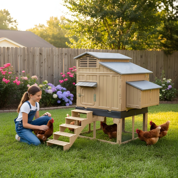Woman with chickens near a wooden chicken coop in a backyard setting
