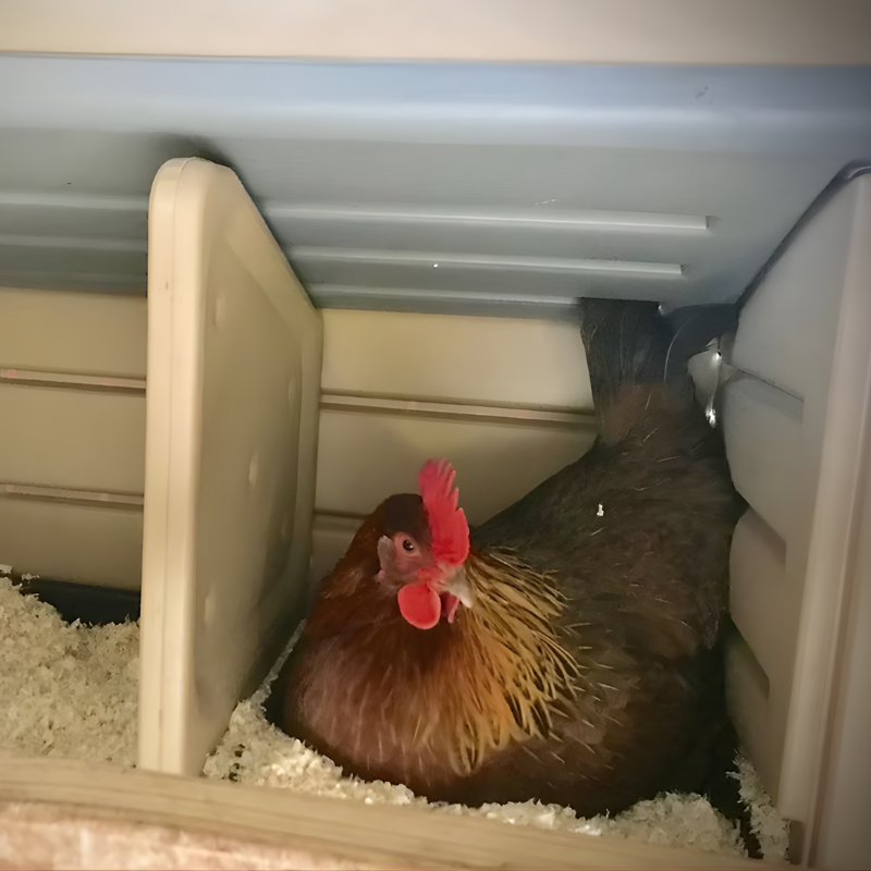 Chicken inside a small enclosure in beige plastic chicken coop