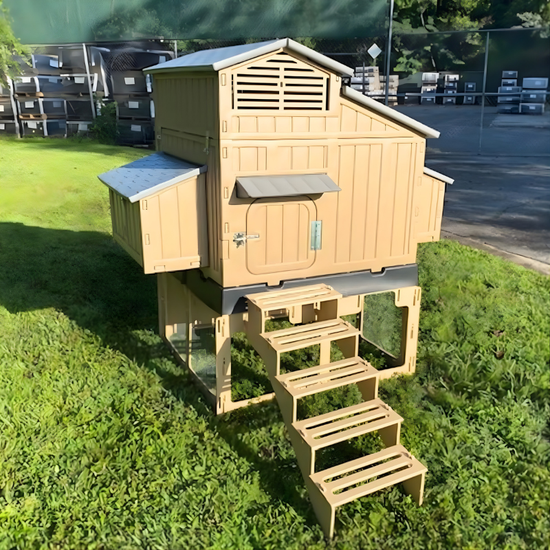 Wooden chicken coop with stairs on a grassy area