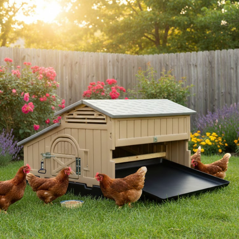 Beige chicken coop with chickens in a garden setting
