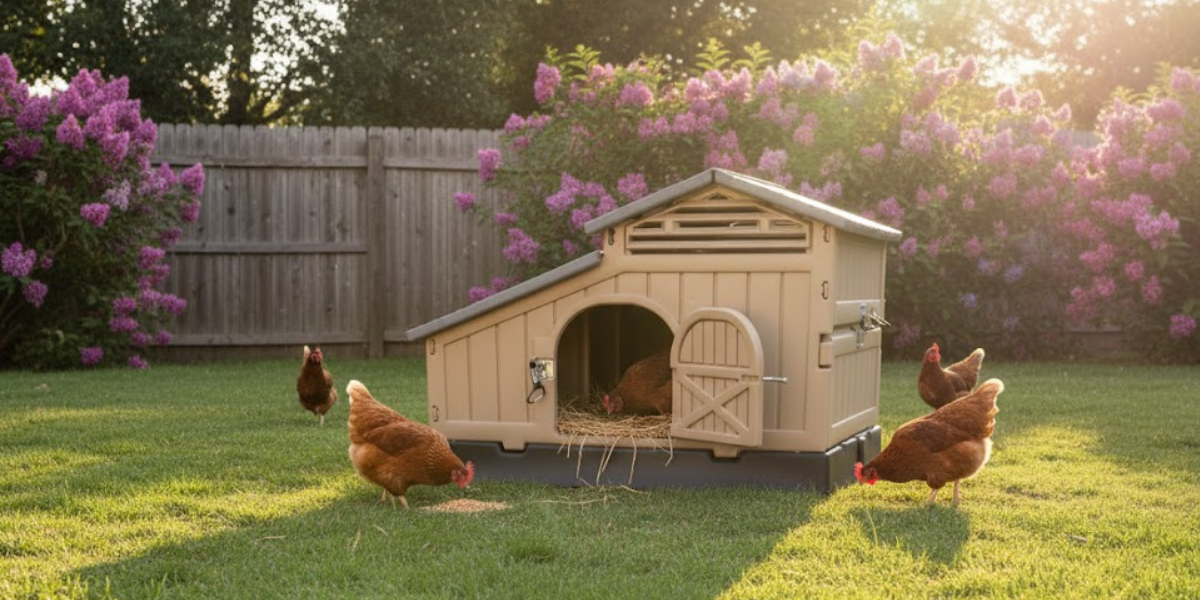Beige chicken coop with chickens in a garden setting