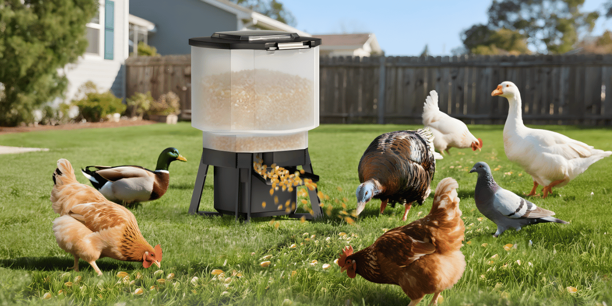 Bird feeder with birds around it in a backyard setting