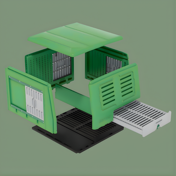 Green modular chicken coop unit with multiple compartments on a green background